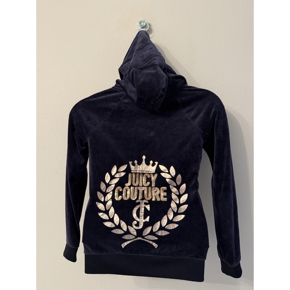 Juicy Couture size M navy blue rose gold full zip velour hoodie 90s Y2K